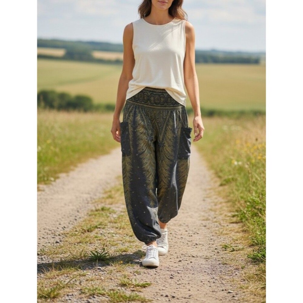 Qianxizhan Women's S Green Peacock Feather Print Harem Pants Smocked Waist Boho